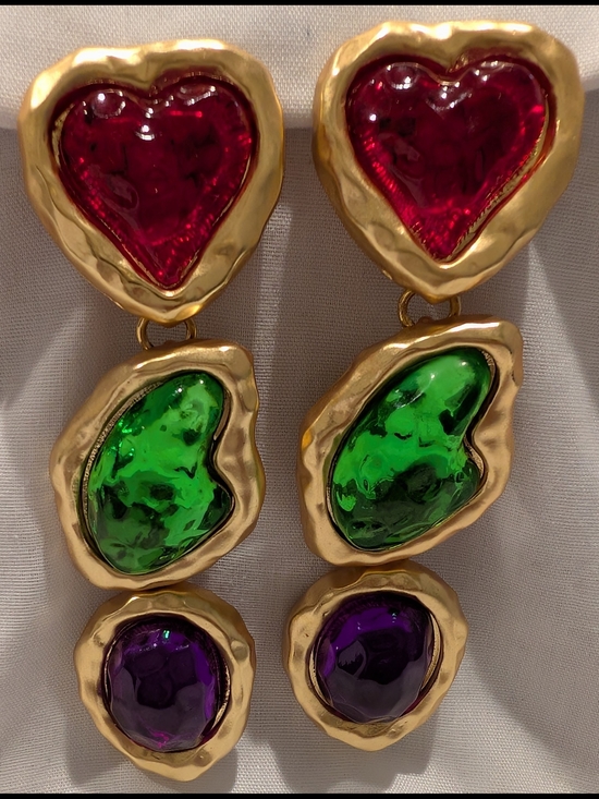 Catwalk Jon Jewelry - Catwalk Jon Gold-Tone Multi-Color Heart Drop Earrings - Red, Green & Purple